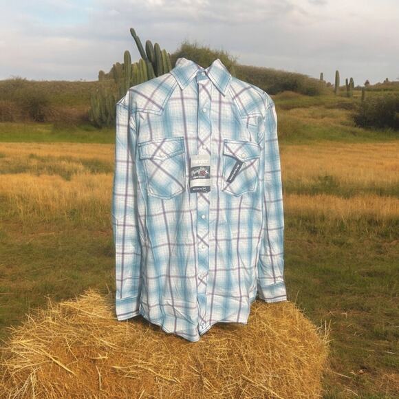 Wrangler, Medium, Blue/Maroon, Pearl Snap Western Shirt. M1 - Picture 13 of 13